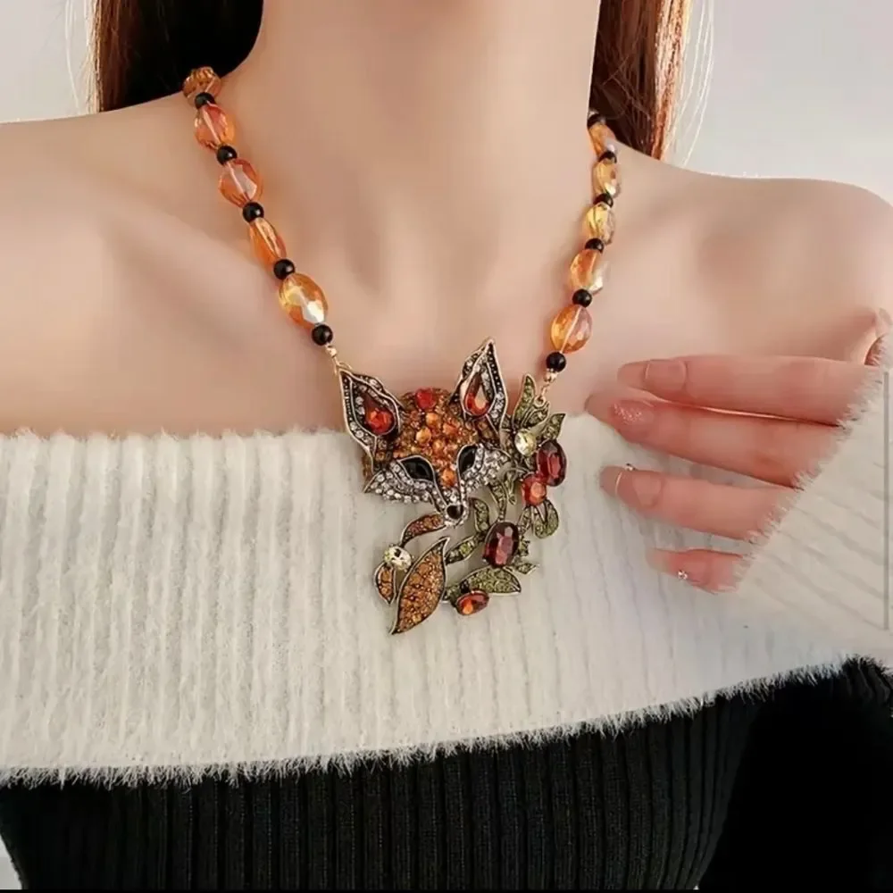 Bohemian Fox Rhinestone Crystal Statement Necklace & Earring Set